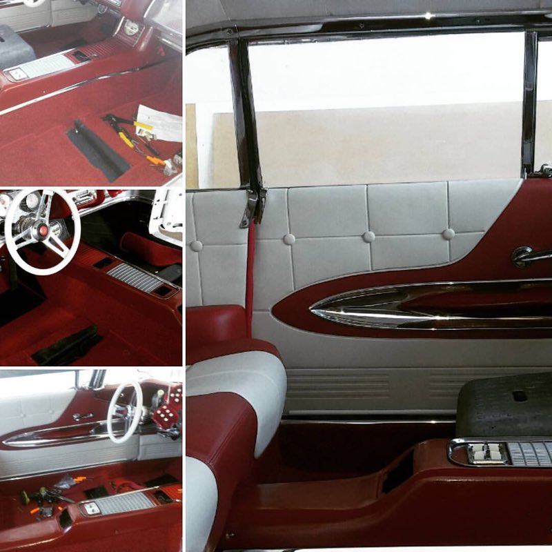 Red and white classic car interior restoration